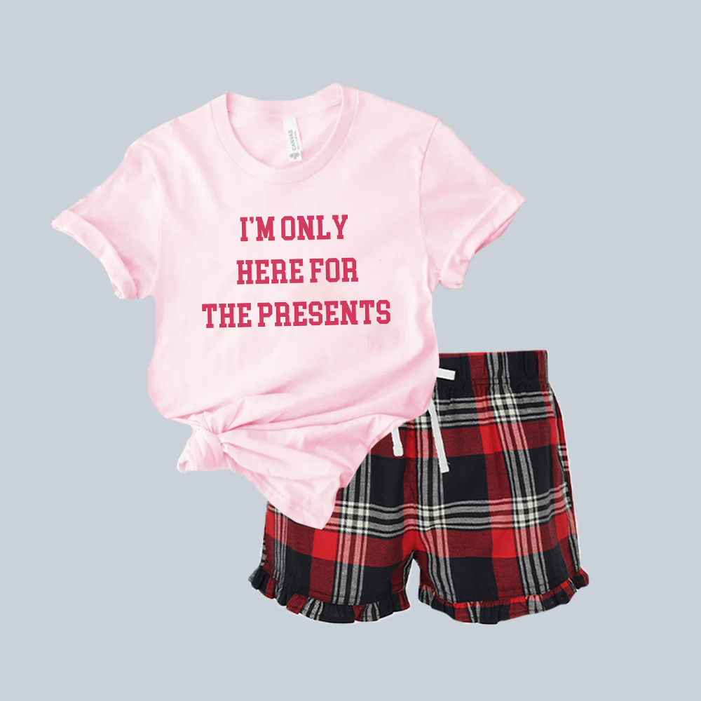 Here For The Presents Yuletide Christmas Red Tee & Short Pyjama Set