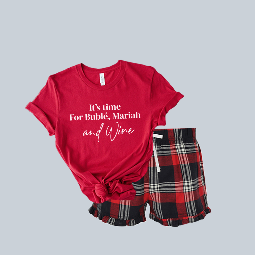It's Time For Buble, Mariah & Wine Yuletide Christmas Red Tee & Short Pyjama Set